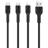 Cablu USB la Lightning - USB la MicroUSB - USB la USB Type-C HOCO U31 Benay 1Pull3, 1.2 m, Negru
