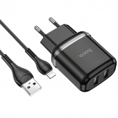 Incarcator Retea cu cablu Lightning HOCO N4, 2 X USB, 2.4A, Negru