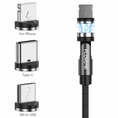 Cablu Incarcare USB - Lightning / USB Type-C / MicroUSB Floveme Braided, Magnetic, 2.1A, 1 m, Negru