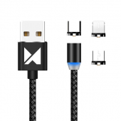 Cablu Incarcare USB - Lightning / USB Type-C / MicroUSB WZK, 1 m, Magnetic, Led, Negru WMC-01