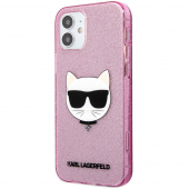 Husa TPU Karl Lagerfeld Choupette Head Glitter pentru Apple iPhone 12 mini, Roz KLHCP12SCHTUGLP 