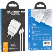 Incarcator Retea cu cablu Lightning BLUE Power BLN5, Quick Charge, 20W, 1 X USB - 1 X USB Type-C, Alb 