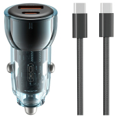 Incarcator Auto Cu Cablu USB-C XO Design CC60, 60W, 3A, 1 x USB-A - 1 x USB-C, Albastru 