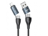 Cablu Date si Incarcare USB Type-C / USB la USB Type-C / Lightning Remax Wanen 4in1, 1.2 m, 2.4A, Negru RC-164 