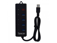 Hub USB Spacer, 4 x USB 3.0, 1 x USB Quick Charge, Alimentare Aditionala, Negru SPH-4USB30-1QC 