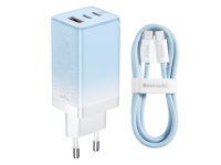 Incarcator Retea cu cablu Baseus GaN, Quick Charge, 65W, 1 X USB - 2 x USB Type-C, Bleu CCGP050103 