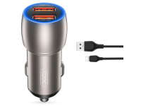 Incarcator Auto Cu Cablu USB-C XO Design CC52, 36W, 3A, 2 x USB-A, Gri 