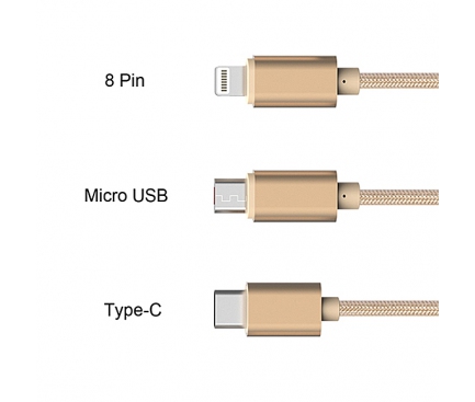 Cablu incarcare USB - MicroUSB USB Type-C Lightning Joyroom JR-S320 3in1 1.28m Auriu Blister Original