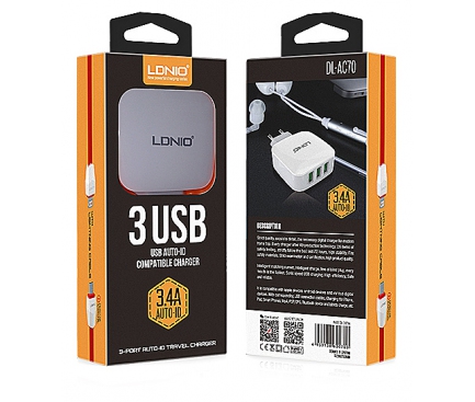 Incarcator Retea 3 x USB Lightning Ldnio DL-AC70 3.4A Alb Blister Original