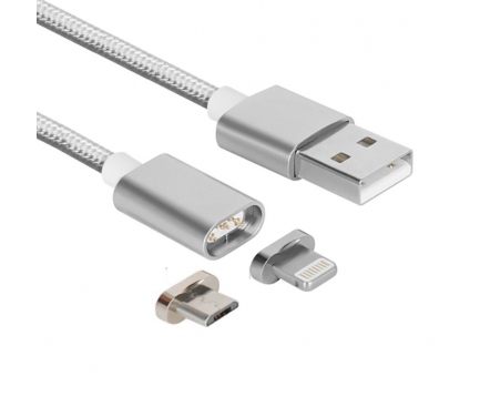 Cablu date USB - Lightning MicroUSB Magnetic 1m Argintiu