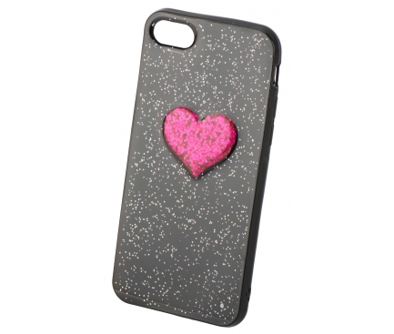 Husa silicon TPU Apple iPhone 7 Heart Glitter Neagra Rosie