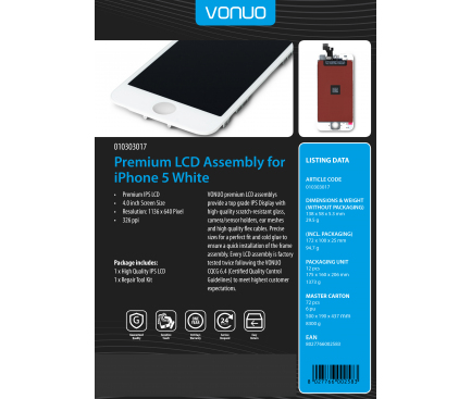 Display cu touchscreen si rama pentru Apple iPhone 5 Vonuo Alb Original