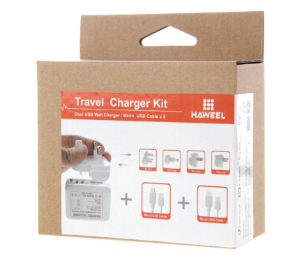Incarcator retea MicroUSB cu adaptori EU-UK-USA-AUS Haweel Travel 2 x USB Alb Blister Original