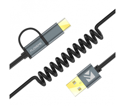 Cablu de date si incarcare USB la MicroUSB - USB la USB Type-C cu fir retractabil Floveme Blister Original