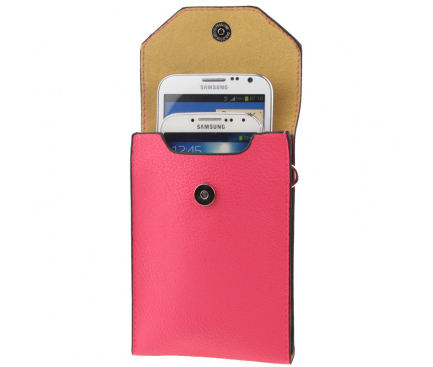 Geanta piele Litchi  pentru telefon, dimensiuni interioare 155 x 90 mm, cu bretea, Roz