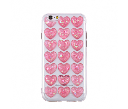 Husa silicon TPU Apple iPhone 7 Plus 3D Glitter Hearts roz