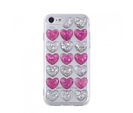 Husa silicon TPU Apple iPhone 7 Plus 3D Glitter Hearts roz argintie
