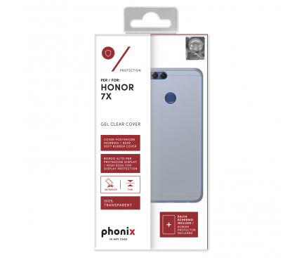 Husa silicon TPU + Folie Ecran Plastic Phonix Pentru Huawei Honor 7X Transparenta Blister HUH7XGPW