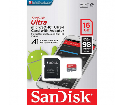 Card memorie SanDisk Ultra MicroSDHC 16GB Clasa 10 UHS-1 SDSQUAR-016G-GN6M Blister 