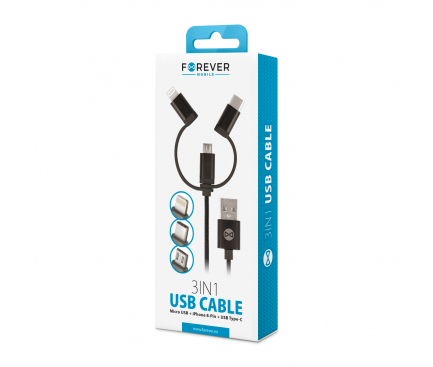 Cablu Date si Incarcare USB la Lightning - USB la MicroUSB - USB la USB Type-C Forever nylon, 1 m, Negru