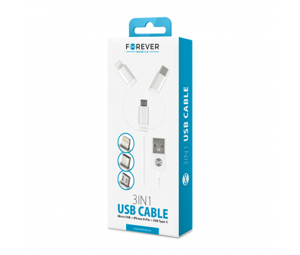 Cablu Date si Incarcare USB la Lightning - USB la MicroUSB - USB la USB Type-C Forever nylon, 1 m, Alb