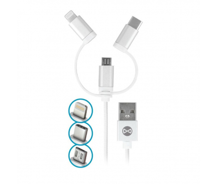 Cablu Date si Incarcare USB la Lightning - USB la MicroUSB - USB la USB Type-C Forever nylon, 1 m, Alb