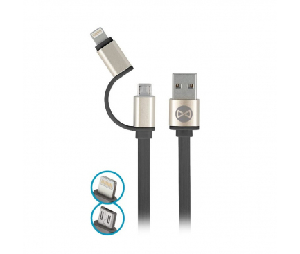 Cablu Date si Incarcare USB la Lightning - USB la MicroUSB Forever Metal Head, 1 m, Negru