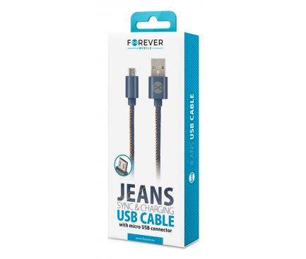 Cablu Date si Incarcare USB la MicroUSB Forever Jeans 2A, 1 m, Blister 