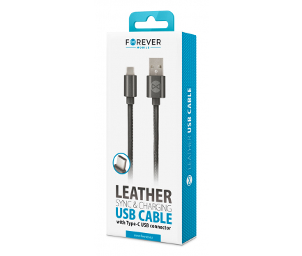 Cablu Date si Incarcare USB la USB Type-C Forever Leather 2A, 1 m, Negru, Blister 