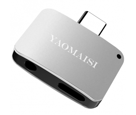 Adaptor Audio USB Type-C la 3.5 mm Yaomasi cu port incarcare USB Type-C, Argintiu, Blister 