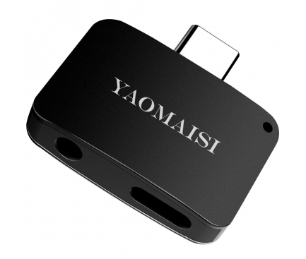 Adaptor Audio USB Type-C la 3.5 mm Yaomaisi cu port incarcare USB Type-C, Negru, Blister 