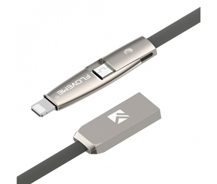 Cablu Date si Incarcare USB la Lightning - USB la MicroUSB Floveme, 2 m, Gri, Blister 