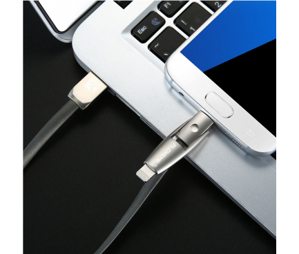 Cablu Date si Incarcare USB la Lightning - USB la MicroUSB Floveme, 2 m, Gri, Blister 