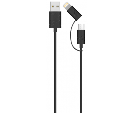 Incarcator Auto cu cablu Lightning - MicroUSB Usams CC013, 1 X USB, 2.1A, Negru, Blister 