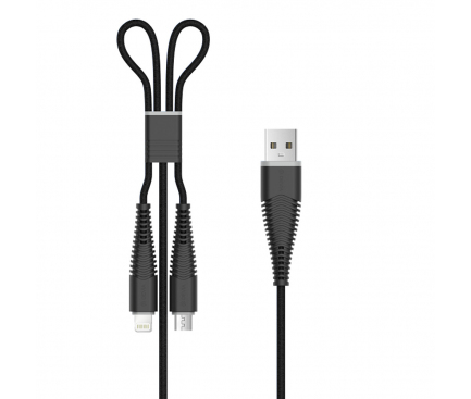 Cablu Date si Incarcare USB la Lightning - USB la MicroUSB DEVIA Fish, 1.2 m, Negru, Blister 