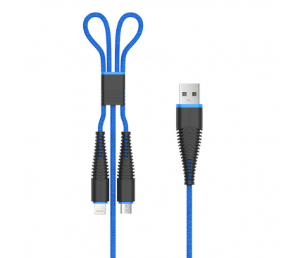 Cablu Date si Incarcare USB la Lightning - USB la MicroUSB DEVIA Fish, 1.2 m, Albastru, Blister 