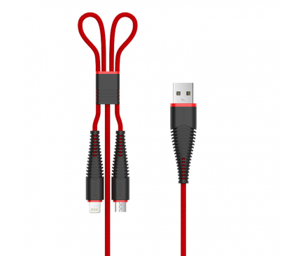Cablu Date si Incarcare USB la Lightning - USB la MicroUSB DEVIA Fish, 1.2 m, Rosu, Blister 