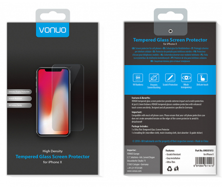 Folie Protectie Ecran Vonuo pentru Apple iPhone X, Sticla securizata, Blister 