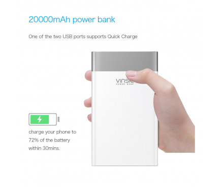 Baterie Externa Powerbank Vinsic VSPB303 QC 3.0 20000 mA, 2 x USB - USB Type-C, Alba, Blister 