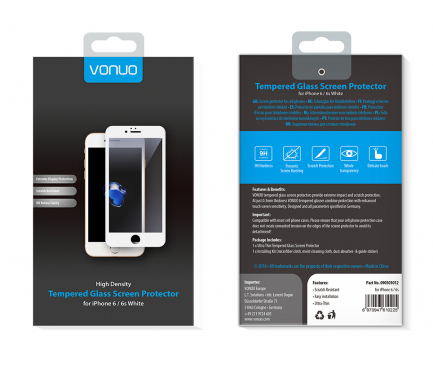 Folie Protectie Ecran Vonuo pentru Apple iPhone 6 Plus / Apple iPhone 6s Plus, Sticla securizata, Full Face, 5D, Alba, Blister VO-090501010 