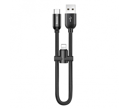 Cablu Date si Incarcare USB la Lightning - USB la USB Type-C Baseus U-Shaped, 0.23 m, Negru, Blister 