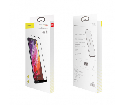 Folie Protectie Ecran Baseus pentru Xiaomi Mi 8, Sticla securizata, Full Face, 0,3 mm, Neagra, Blister 