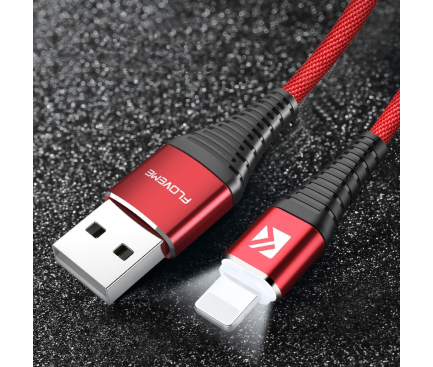 Cablu Date si Incarcare USB la Lightning Floveme , 2A, LED, 1 m, Rosu, Blister 