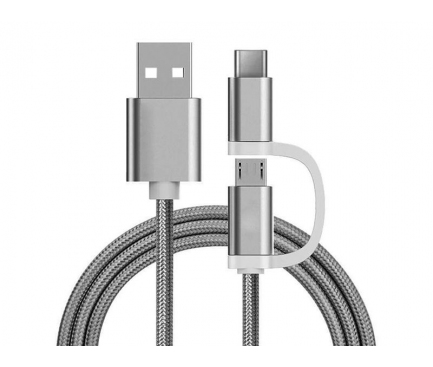 Cablu Date si Incarcare USB la MicroUSB - USB la USB Type-C OEM Woven, 1 m, Alb, Bulk 