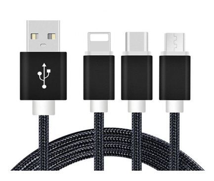 Cablu Date si Incarcare USB la Lightning - USB la MicroUSB - USB la USB Type-C Reekin Woven 3in1, 1.2 m, Negru, Blister