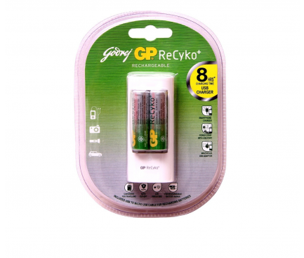 Incarcator USB GP ReCyko pentru baterii reincarcabile AA / AAA (2sloturi), cu LCD si 2 x Baterie AA, 1 X USB, Alb, Blister