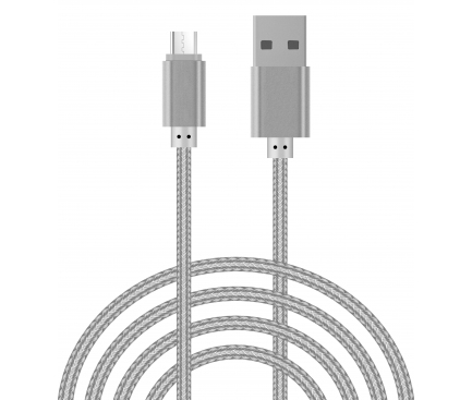 Cablu Date si Incarcare USB la MicroUSB OEM Woven, 2 m, Argintiu, Bulk 