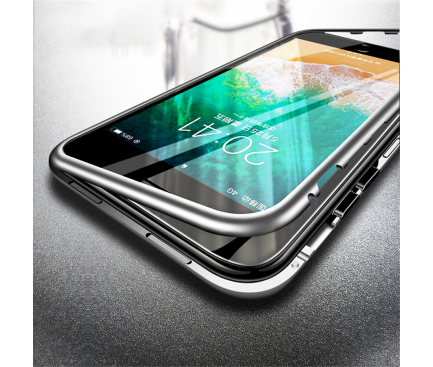 Husa Aluminiu OEM Magnetic Frame Hybrid cu spate din sticla pentru Apple iPhone 7 Plus / Apple iPhone 8 Plus, Argintie, Bulk 