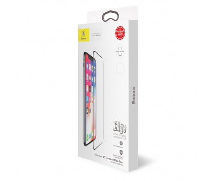 Folie Protectie Ecran Baseus pentru Apple iPhone X / Apple iPhone XS, Sticla securizata, Full Face, Neagra, Blister 