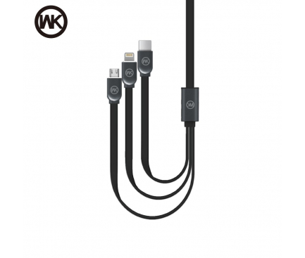 Cablu Date si Incarcare USB la Lightning - USB la MicroUSB - USB la USB Type-C WK-Design, WDC-010, 1 m, Negru, Blister 